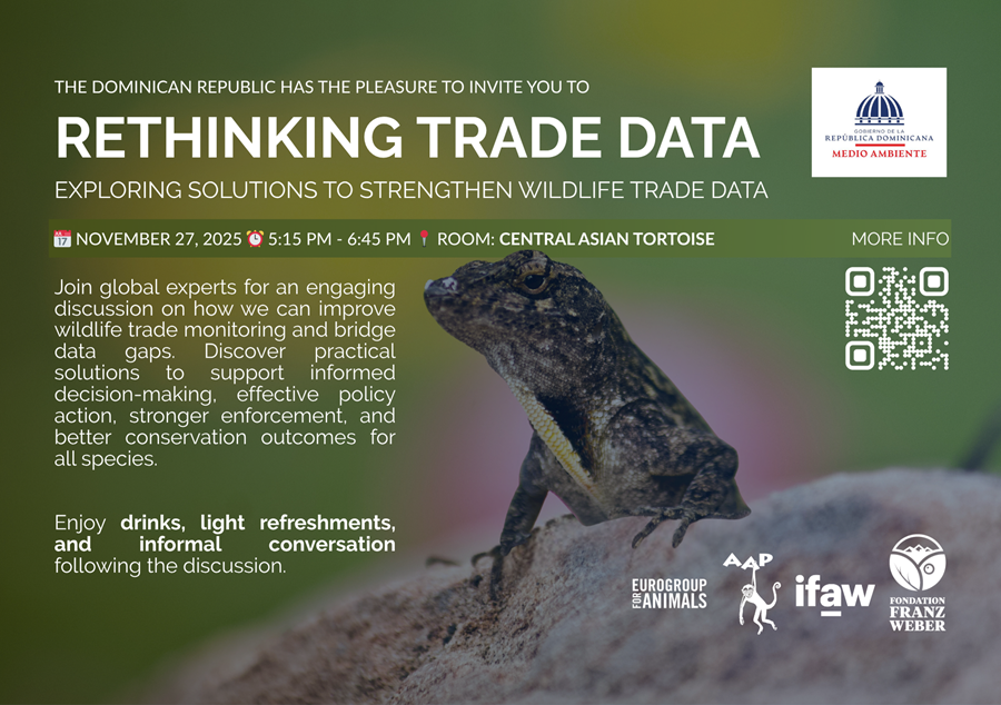 Invitation side event Rethinking Trade Data with a reptile in the background.