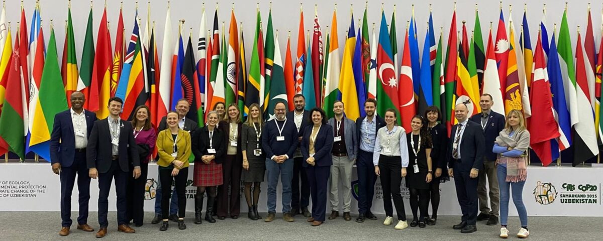 Group of people standing before flags.